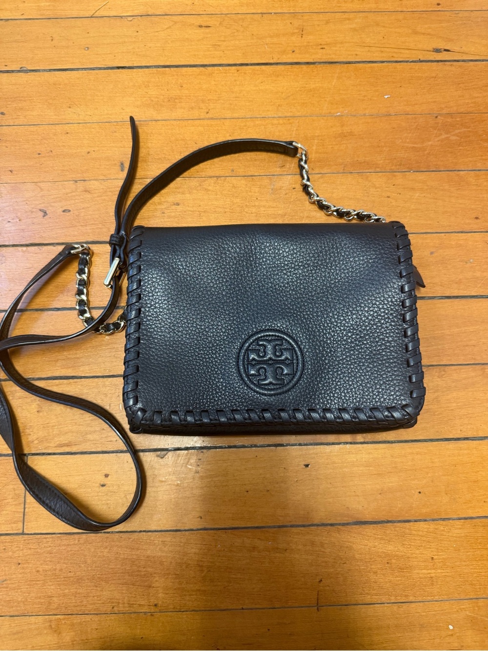 Tory Burch Black Leather Whipstitch Crossbody with Chain Strap